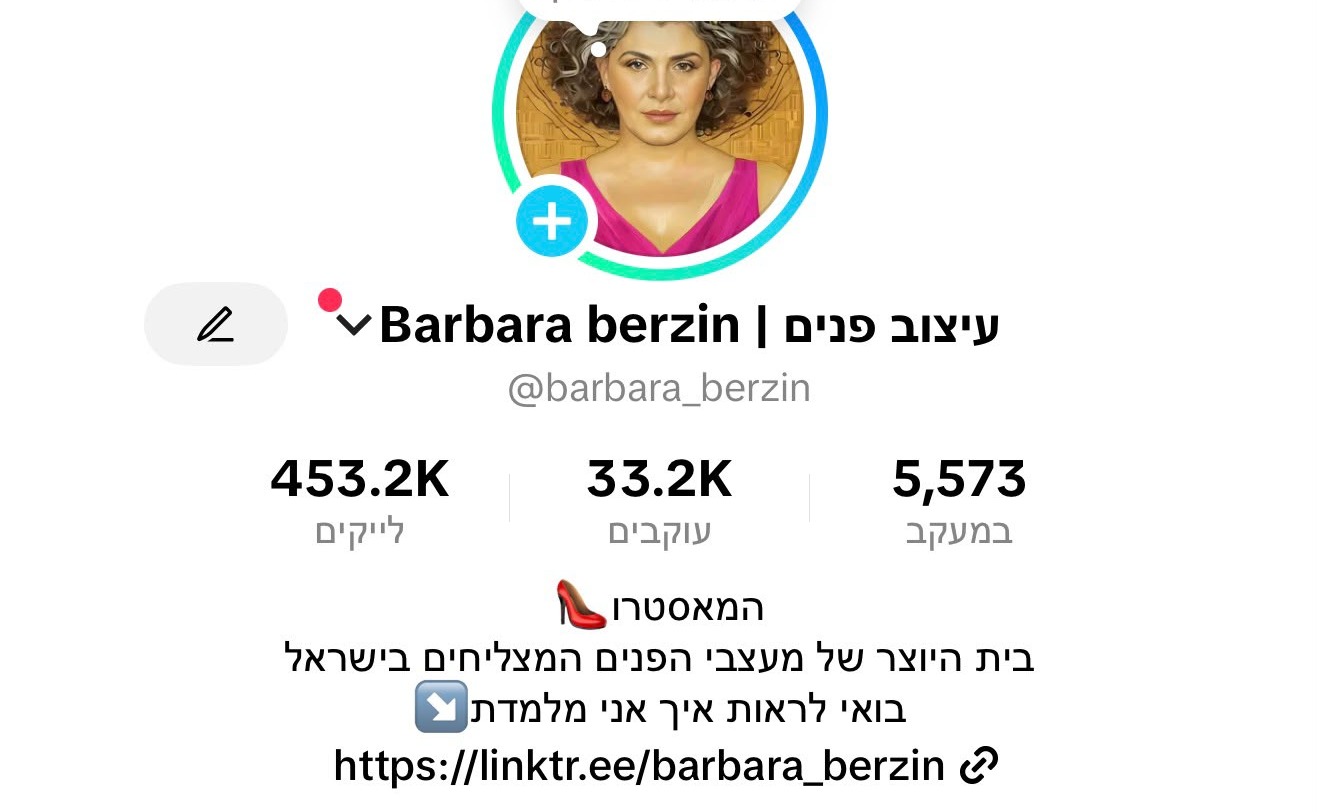 הפרופיל של ברברה ברזין בטיקטוק היום: 33.2K עוקבים, 453.2K לייקים